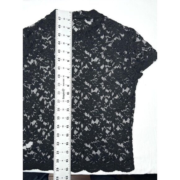 90's Ambiance Shirt Womens S Black Lace Sheer Cap Sleeve Scallop Hem Crop Top - Picture 5 of 14